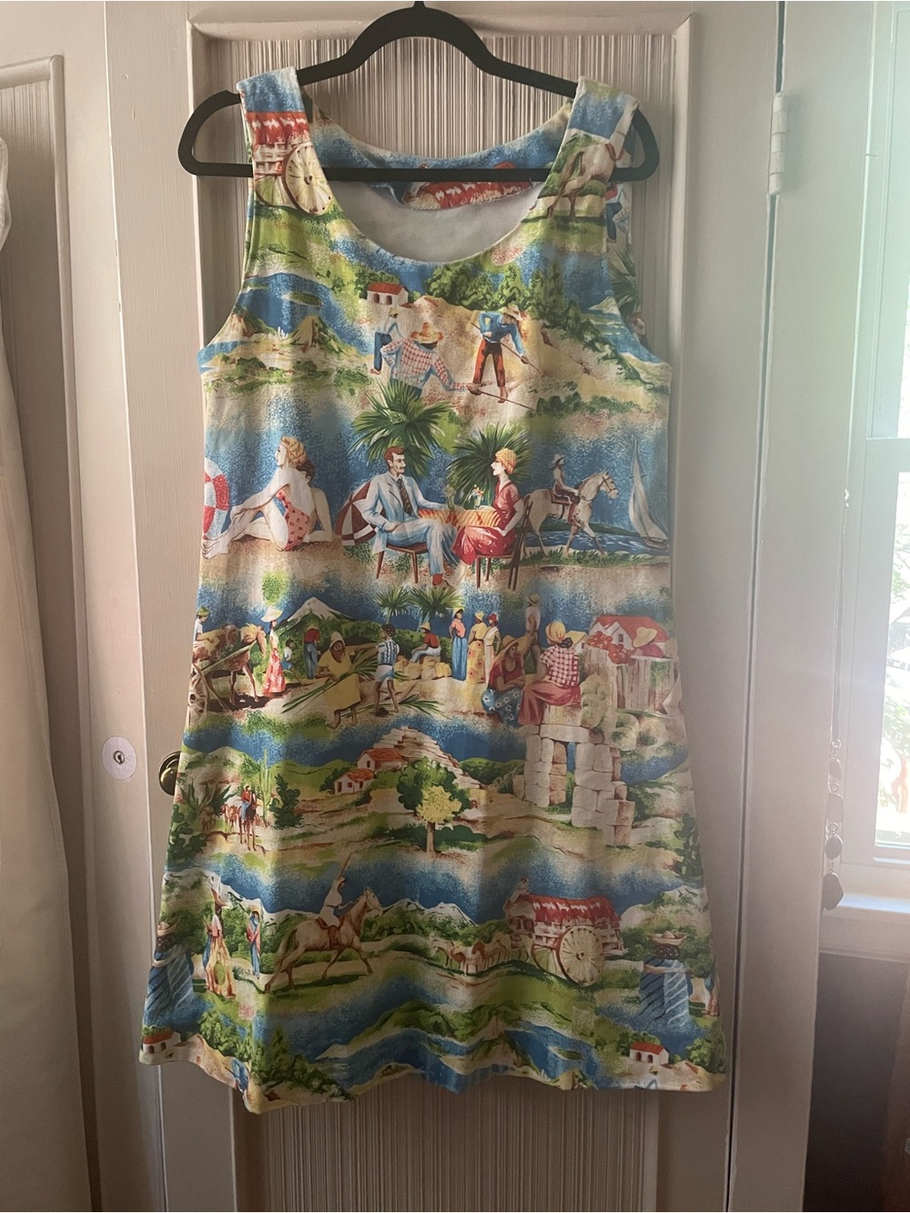 Vintage Handmade Shift Mini Dress - Heavy Cotton - Tropical Cuba Scene